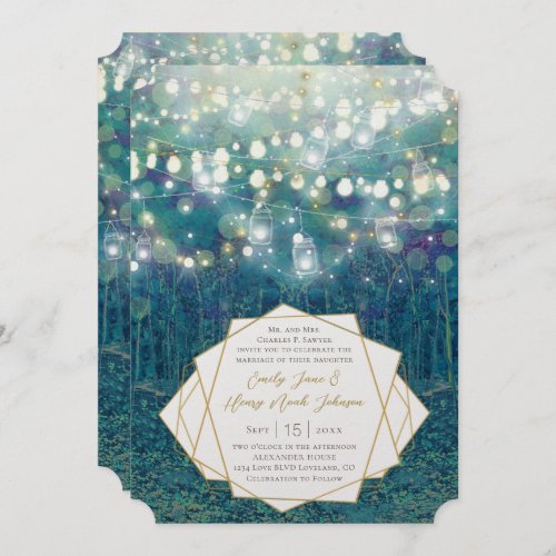 Blue Teal Garland of Fairy Lights Forest Wedding Invitation