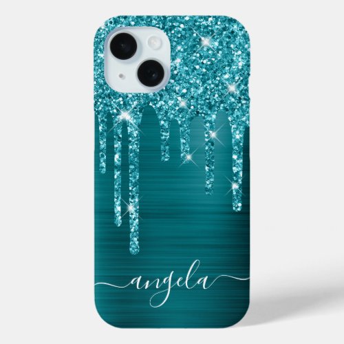 Blue Teal Glitter Drips Glam Girly Signature iPhone 15 Case