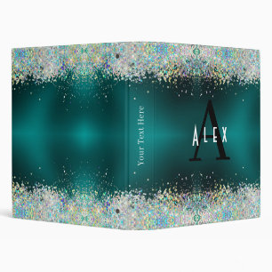 Blue Teal Glitter Monogram Add Your Name + Initial 3 Ring Binder