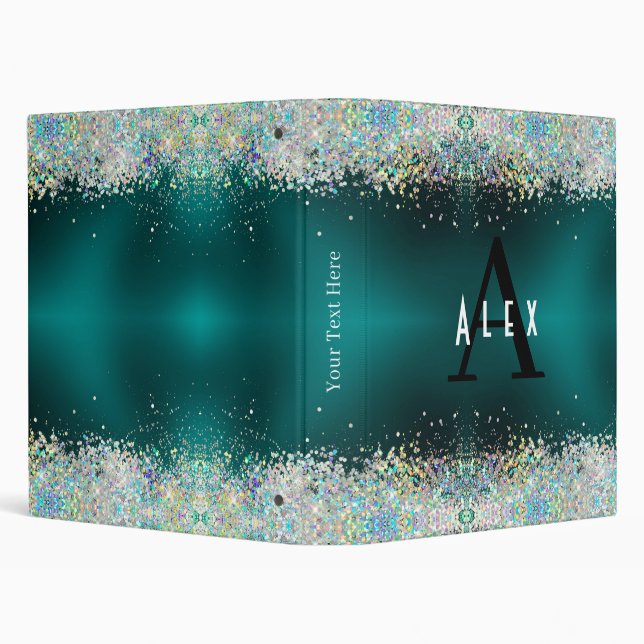Blue Teal Glitter Monogram Add Your Name + Initial 3 Ring Binder (Background)