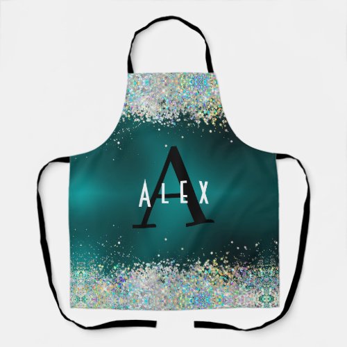 Blue Teal Glitter Monogram Add Your Name  Initial Apron