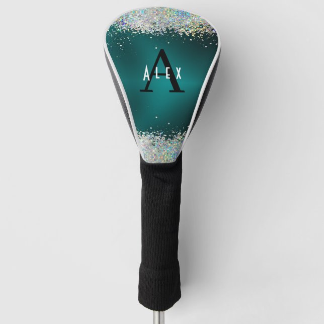 Blue Teal Glitter Monogram Add Your Name + Initial Golf Head Cover (Front)