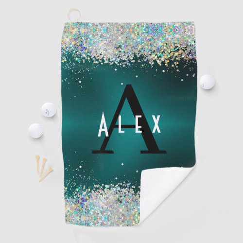 Blue Teal Glitter Monogram Add Your Name  Initial Golf Towel