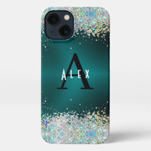 Blue Teal Glitter Monogram Add Your Name  Initial iPhone 13 Case
