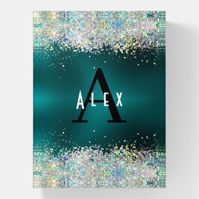 Blue Teal Glitter Monogram Add Your Name + Initial Paperweight (Vertical)