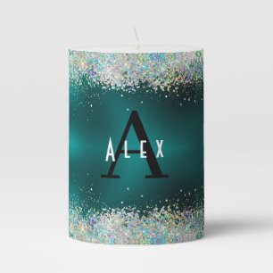 Blue Teal Glitter Monogram Add Your Name + Initial Pillar Candle