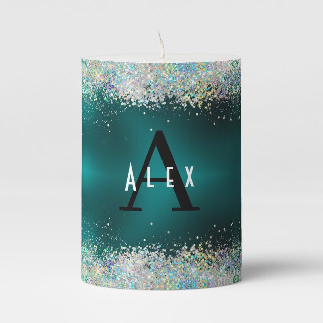 Blue Teal Glitter Monogram Add Your Name + Initial Pillar Candle (Front)