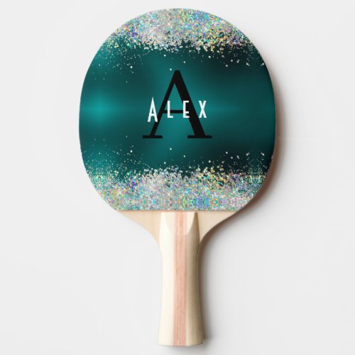 Blue Teal Glitter Monogram Add Your Name  Initial Ping Pong Paddle