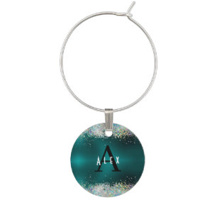 Blue Teal Glitter Monogram Add Your Name + Initial Wine Charm