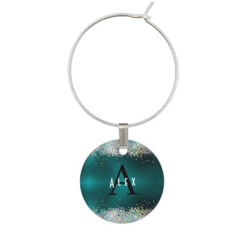 Blue Teal Glitter Monogram Add Your Name  Initial Wine Charm