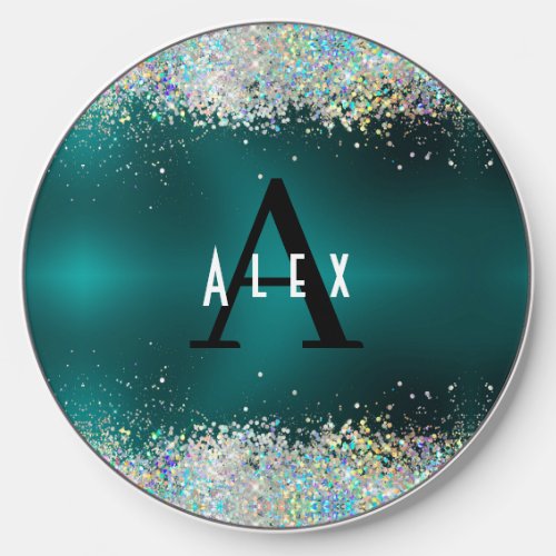 Blue Teal Glitter Monogram Add Your Name  Initial Wireless Charger