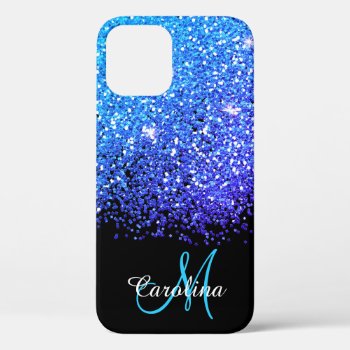 Blue  Teal  Glitter  Name And Monogram  Girly Iphone 12 Case by CoolestPhoneCases at Zazzle