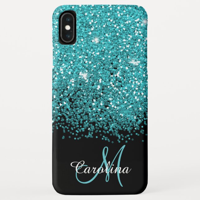 Blue, Teal, Glitter, Name and Monogram, Girly Case-Mate iPhone Case (Back)