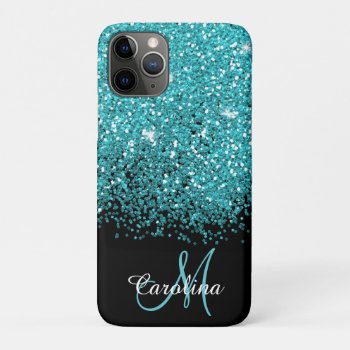 Blue  Teal  Glitter  Name And Monogram  Girly Iphone 11 Pro Case by CoolestPhoneCases at Zazzle