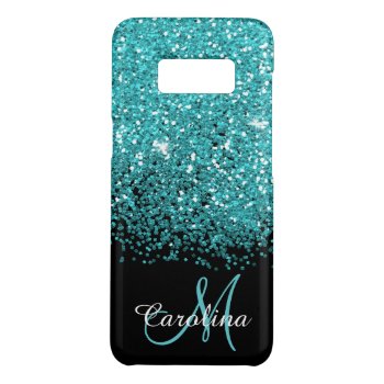 Blue  Teal  Glitter  Name And Monogram  Girly Case-mate Samsung Galaxy S8 Case by CoolestPhoneCases at Zazzle