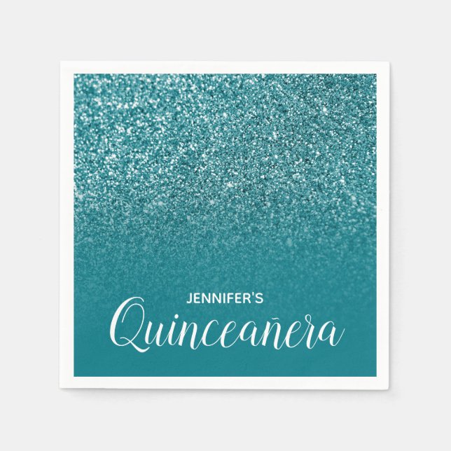 Blue Teal Glitter Ombre Quinceanera Napkins (Front)