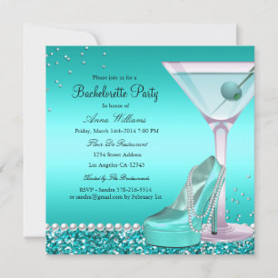 Blue Teal Glitter Pearl Bachelorette Party Invite