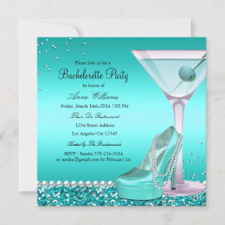 Blue Teal Glitter Pearl Bachelorette Party Invite