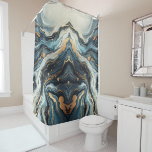Blue Teal Gold Agate Modern Glam Elegant Beachy Shower Curtain