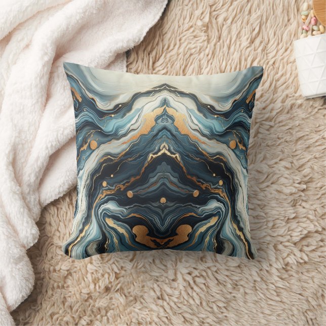 Blue Teal Gold Agate Modern Glam Elegant Beachy Throw Pillow (Blanket)