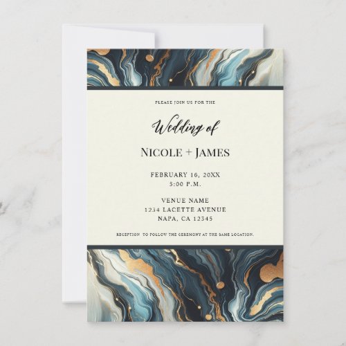 Blue Teal Gold Agate Modern Glam Elegant Wedding Invitation