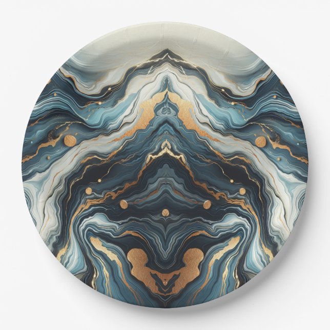 Blue Teal Gold Agate Modern Glam Elegant Wedding Paper Plates (Front)