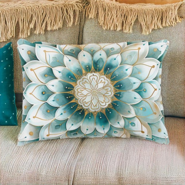 Blue Teal Gold Floral Mandala  Accent Pillow (Creator Uploaded)
