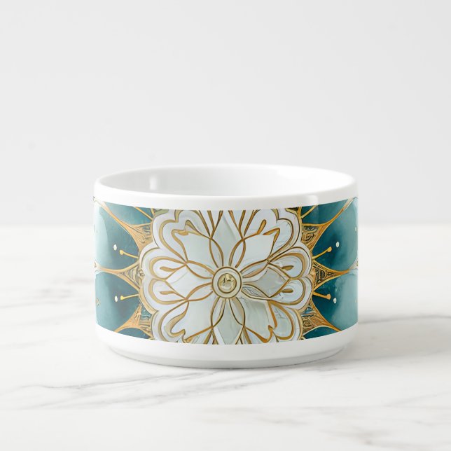 Blue Teal Gold Floral Mandala Chili Bowl (Center)