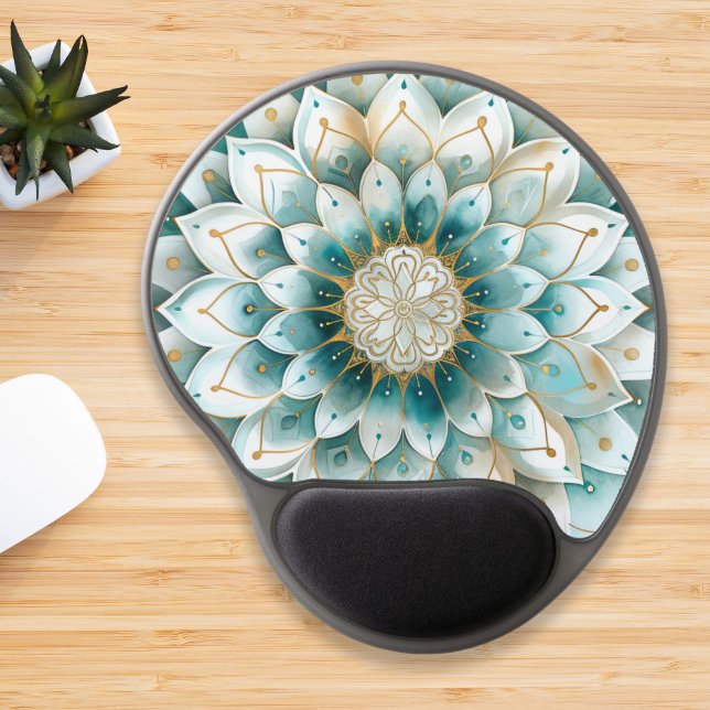 Blue Teal Gold Floral Mandala  Gel Mouse Pad (Creator Uploaded)