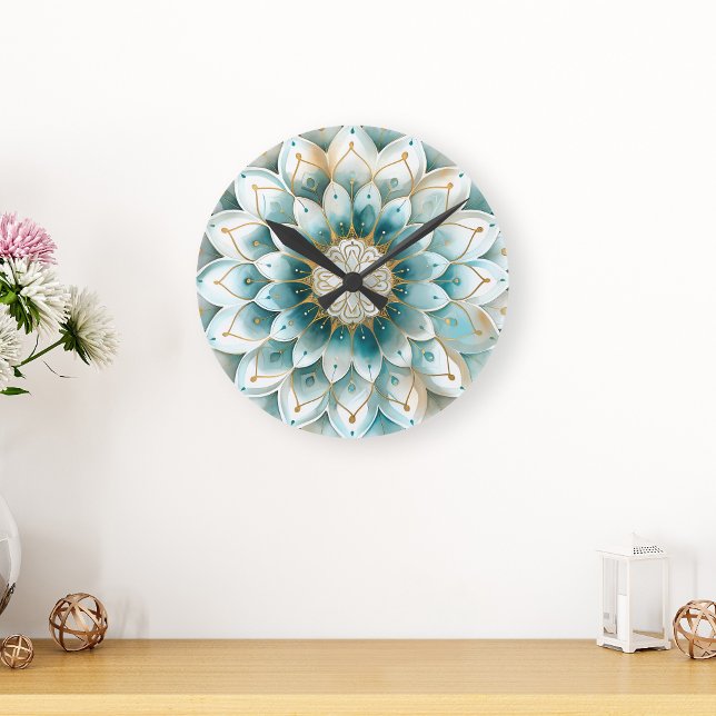 Blue Teal Gold Floral Mandala  Round Clock (Creator Uploaded)