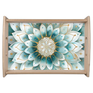 Blue Teal Gold Floral Mandala Serving Tray