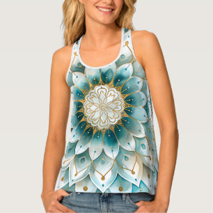 Blue Teal Gold Floral Mandala With Two Toned Back Tank Top