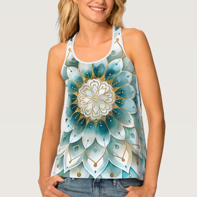 Blue Teal Gold Floral Mandala With Two Toned Back Tank Top (Front)