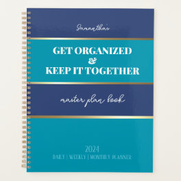 Blue Teal Gold Modern Trendy Daily Weekly Monthly Planner