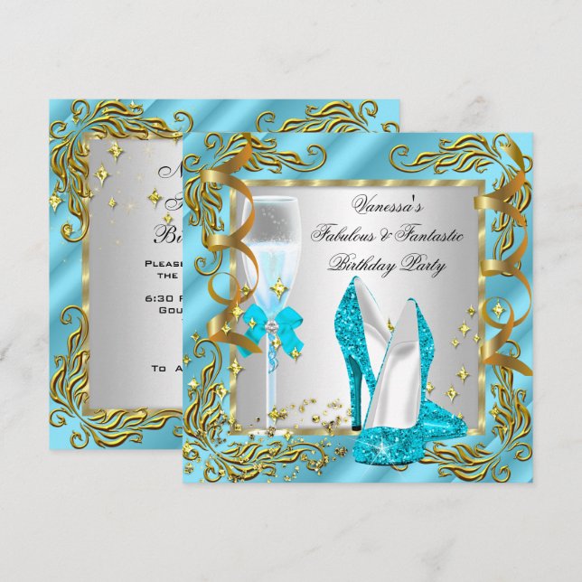 Blue Teal Gold Silver Women's Birthday Party Invitation (Front/Back)