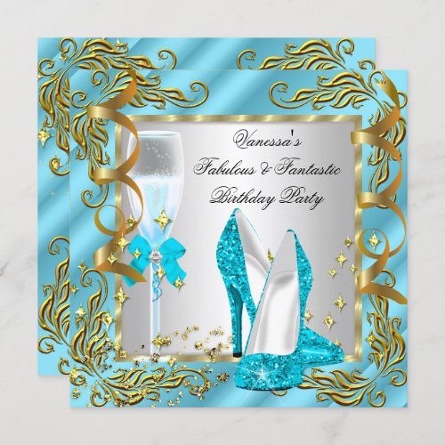 Blue Teal Gold Silver Womens Birthday Party Invitation