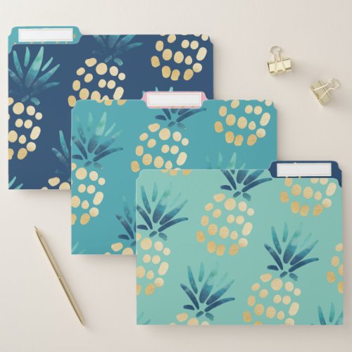 Blue Teal  Gold Tropical Pineapple Fruit Pattern File Folder