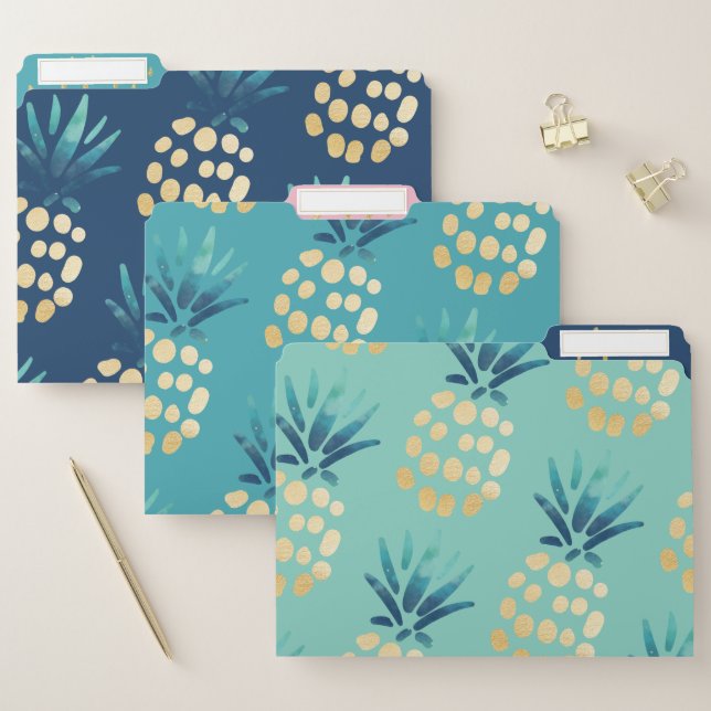 Blue, Teal & Gold Tropical Pineapple Fruit Pattern File Folder (Set)