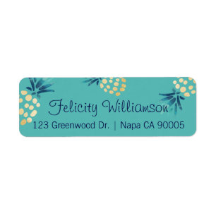 Blue, Teal & Gold Tropical Pineapple Fruit Pattern Label