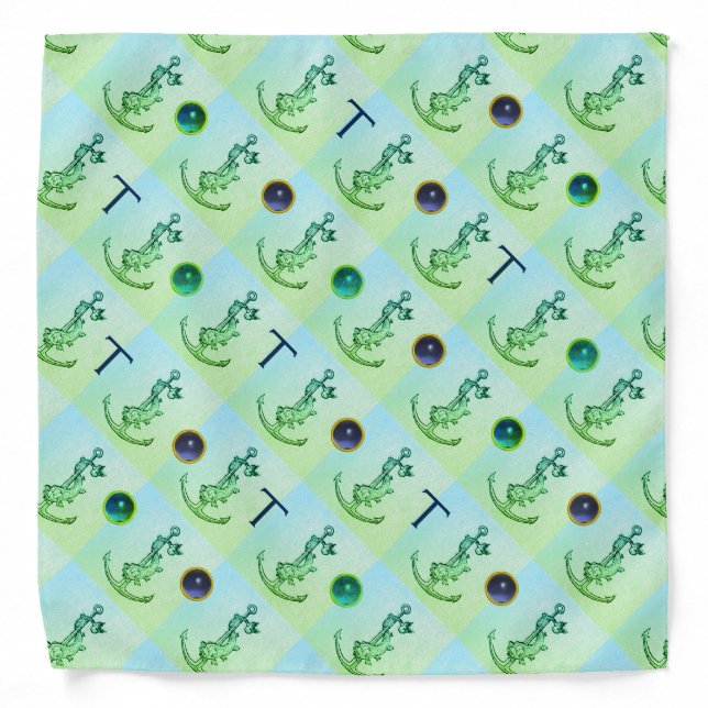BLUE TEAL GREEN ANCHOR,FISH,GEMS NAUTICAL MONOGRAM BANDANA (Front)