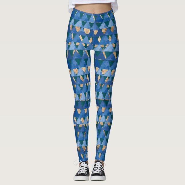 Blue, teal green and gold geometric deco pattern leggings (Front)