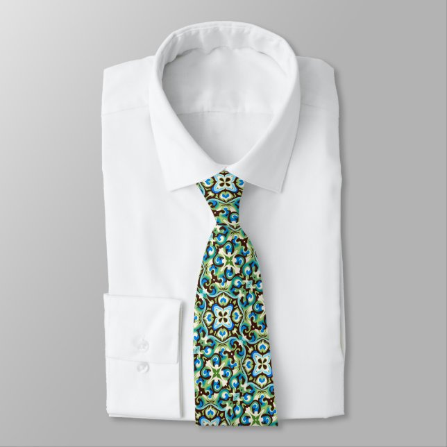 Blue, Teal, Green & Chocolate Pattern Neck Tie (Tied)