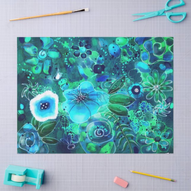 Blue Teal Green Floral Abstract Flower Decoupage Tissue Paper (Craft)