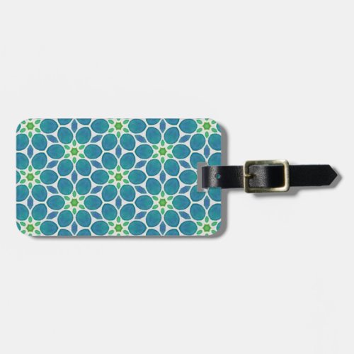 Blue teal green floral pattern flower mosaic 70s luggage tag