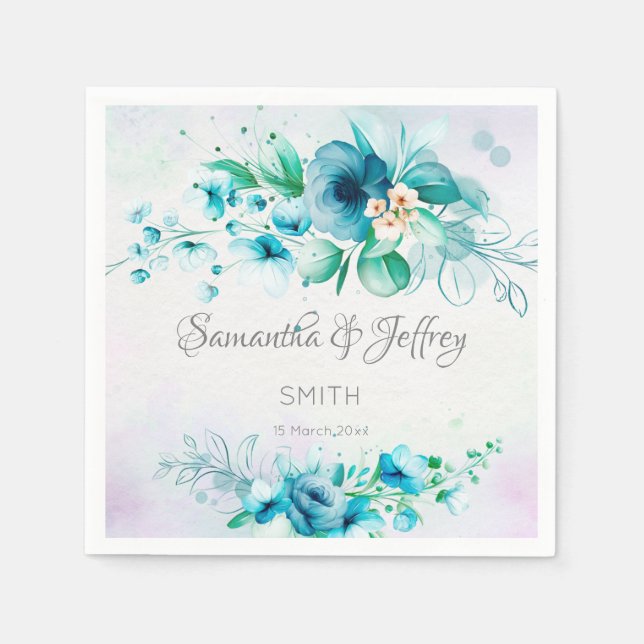 Blue teal green flowers floral  napkins (Front)