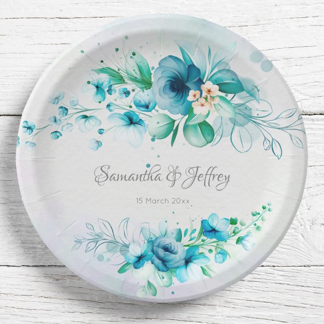 Blue teal green flowers floral  paper plates (Creator Uploaded)