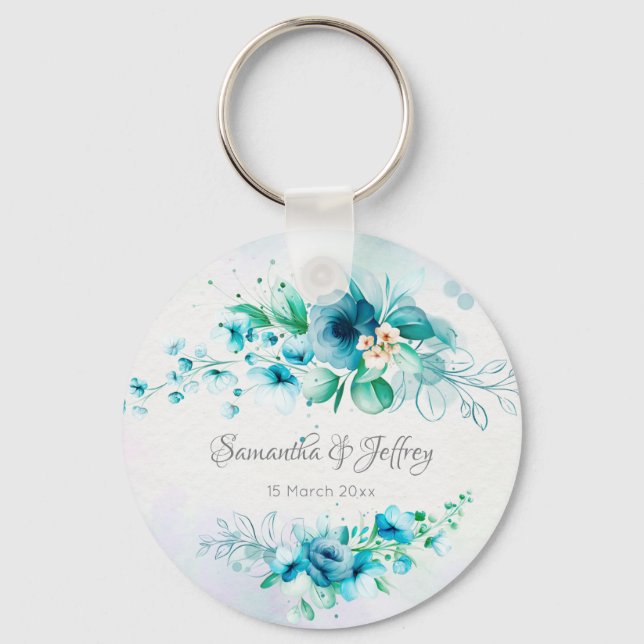 Blue teal green flowers floral personalised keychain (Front)