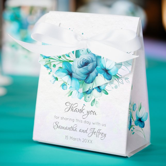 Blue teal green flowers floral wedding favor boxes (Blue teal green flowers floral wedding favor box elegant wedding favor box aqua blue floral )