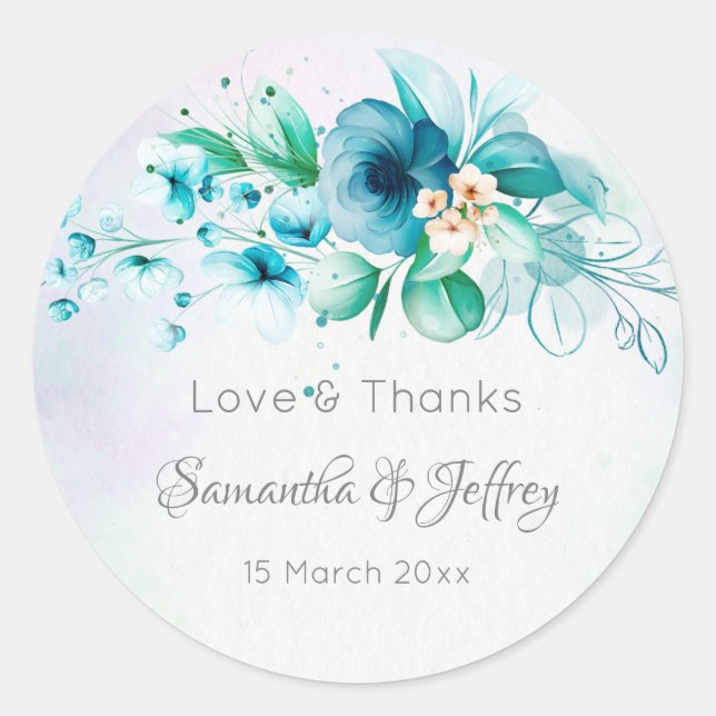 Blue teal green flowers floral wedding gifts favor classic round sticker (Front)