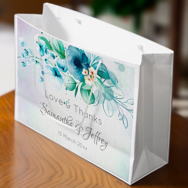 Blue teal green flowers floral wedding gifts favor large gift bag (Blue teal green flowers floral wedding gifts favor large gift bag wedding welcome bag favor bag)